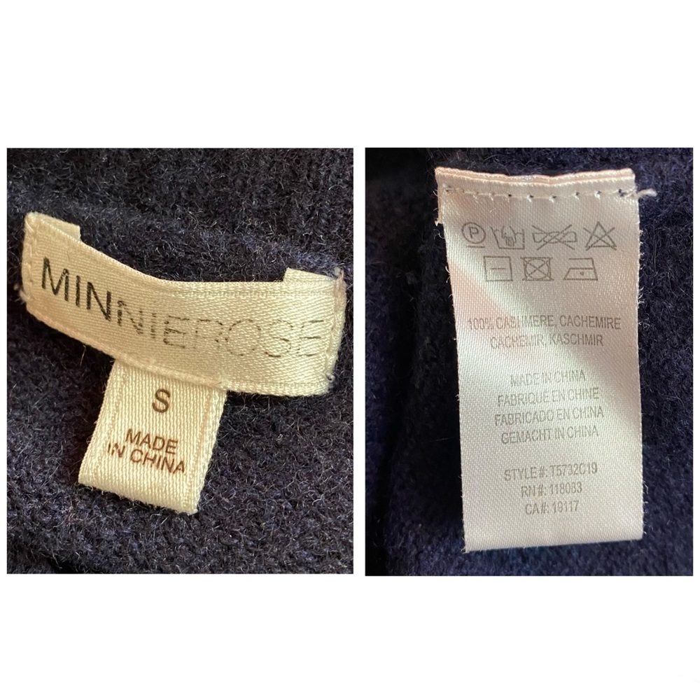 Minnie Rose Cashmere Frayed Edge Cropped Crew Neck Sweater Navy Blue Sz Small - Picture 4 of 6